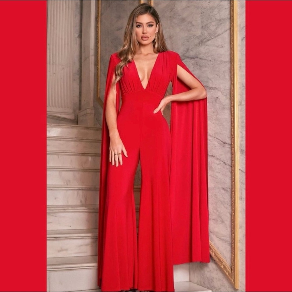 Club L London Red Plunge Front Cape Jumpsuit Size 4 NWT